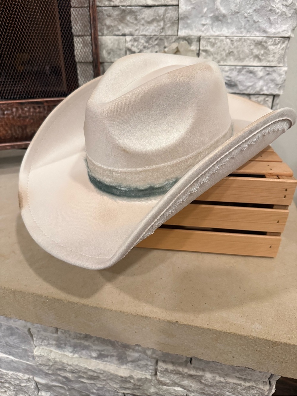 Cream Cowboy Hat with Light gold & Teal Band and Lace Trim